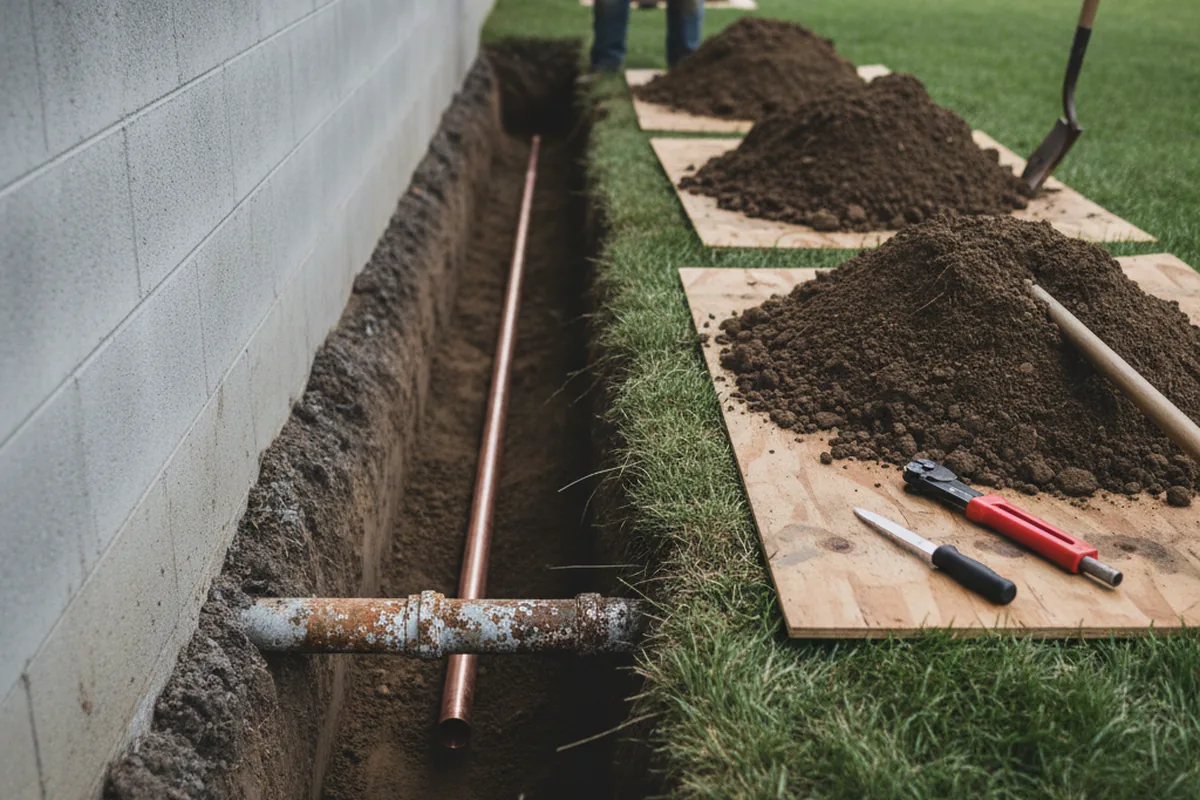 Excavated water line trench during Water Softener Installation in Miller